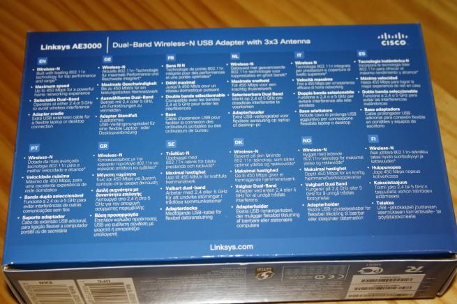 Vista trasera de la caja del Cisco Linksys AE3000