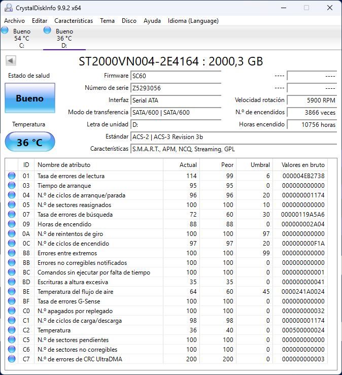 Panel principal de CrystalDiskInfo mostrando parámetros S.M.A.R.T. y estado de salud de un disco duro Seagate.