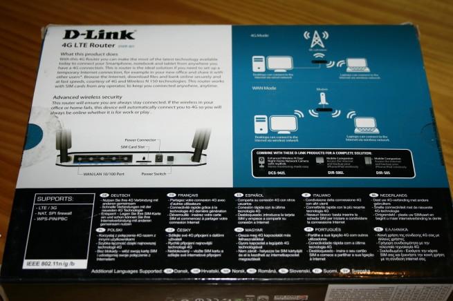 Vista trasera de la caja del router D-Link DWR-921