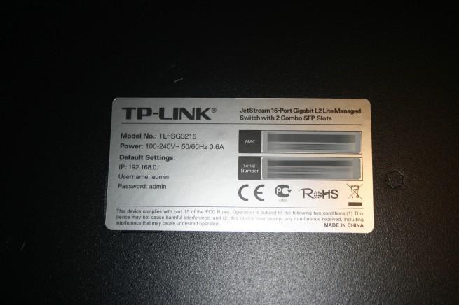 Detalle de la información de acceso al switch TP-LINK TL-SG3216