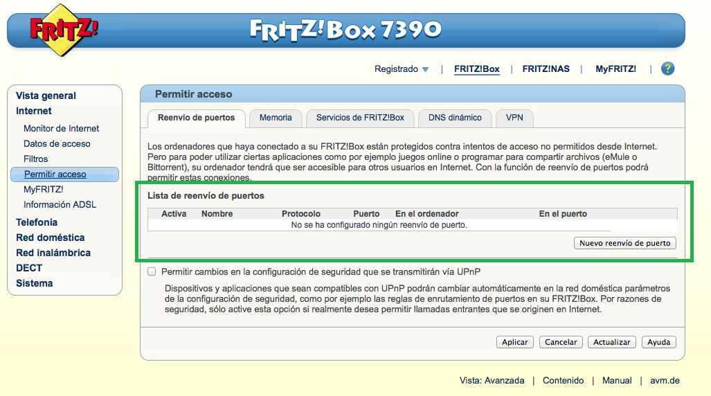 Manual abrir puertos DMZ FRITZ!Box 3
