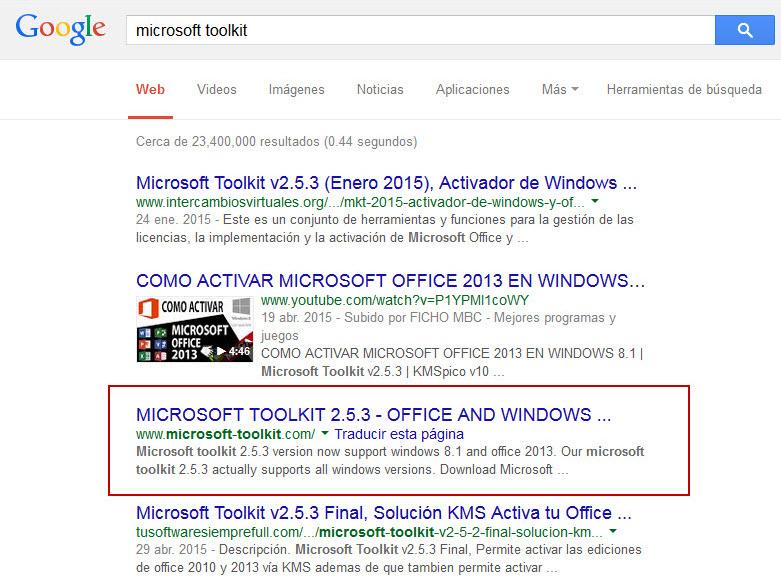 Resultados al buscar un activador de Windows en Google