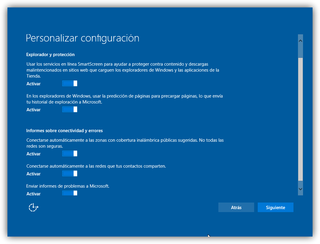 Configuración inicial personalizada de Windows 10 página 2