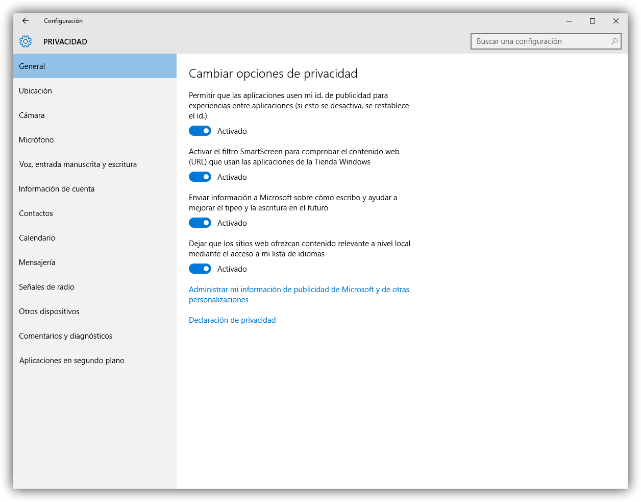 Configuración general de la privacidad de Windows 10