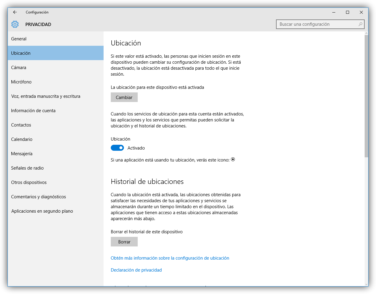 Configuración de la ubicación de Windows 10