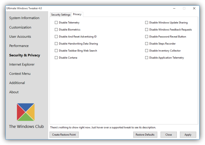 Opciones de privacidad de Ultimate Windows Tweaker