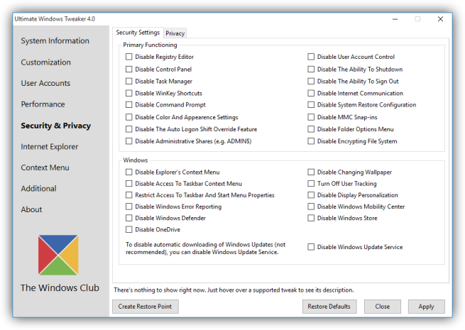 Opciones de seguridad de Ultimate Windows Tweaker
