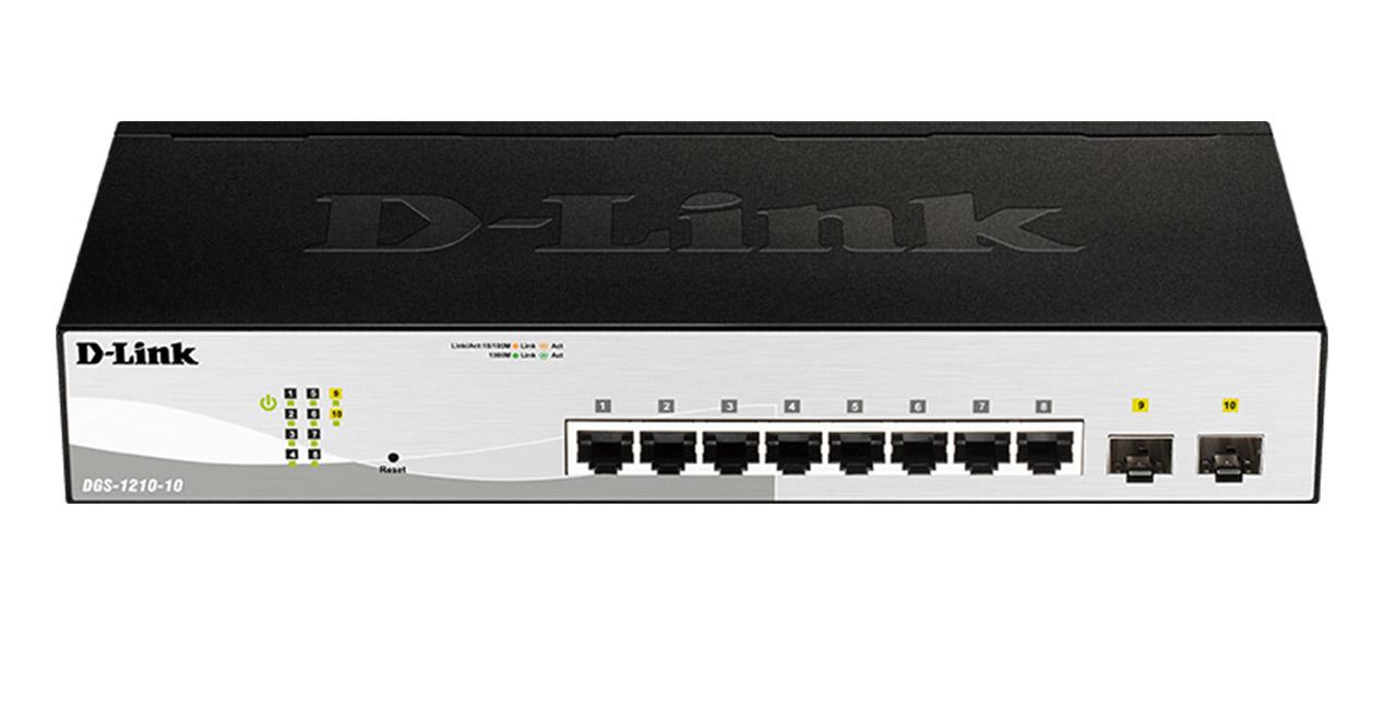 D-Link DGS-1210-10 Altura 1U Switch 8 Puertos Gigabit y 2 Puertos SFP 100/1000 Mbps VLAN automática para Video vigilancia y telefonía IP 