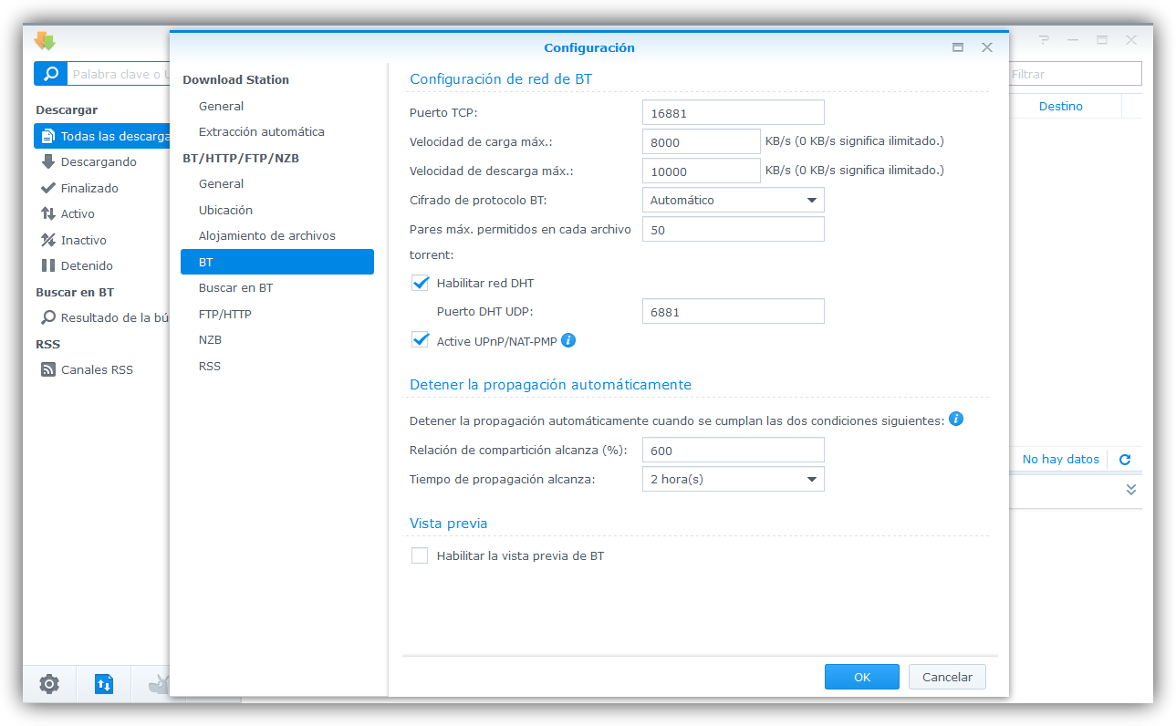 Configuración BitTorrent Download Station Synology