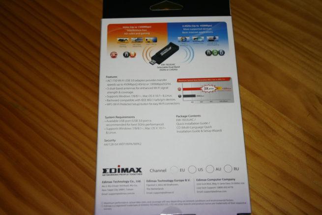 Trasera de la caja del adaptador Wi-Fi Edimax EW-7833UAC