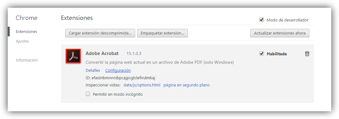 Desinstalar extension Adobe Acrobat Reader en Chrome