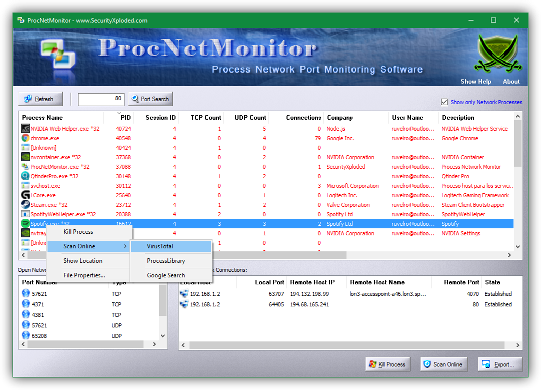 Process Network Monitor - menú contextual