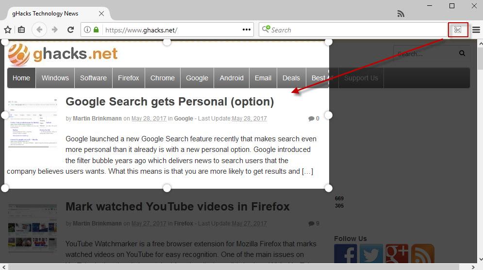 firefox nightly capturas de pantalla en el navegador web