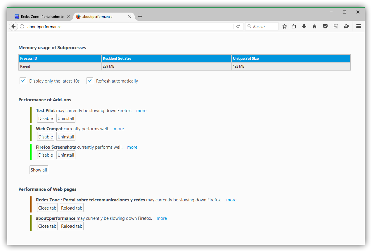 Monitor de consumo de recursos Firefox