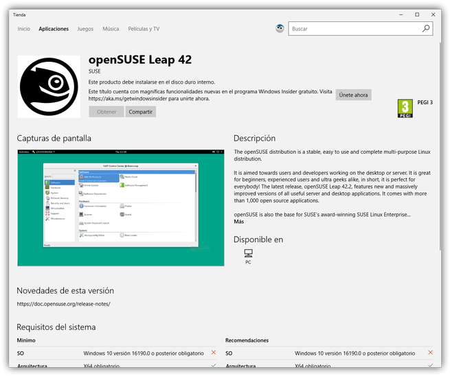 OpenSUSE en Tienda de Windows 10