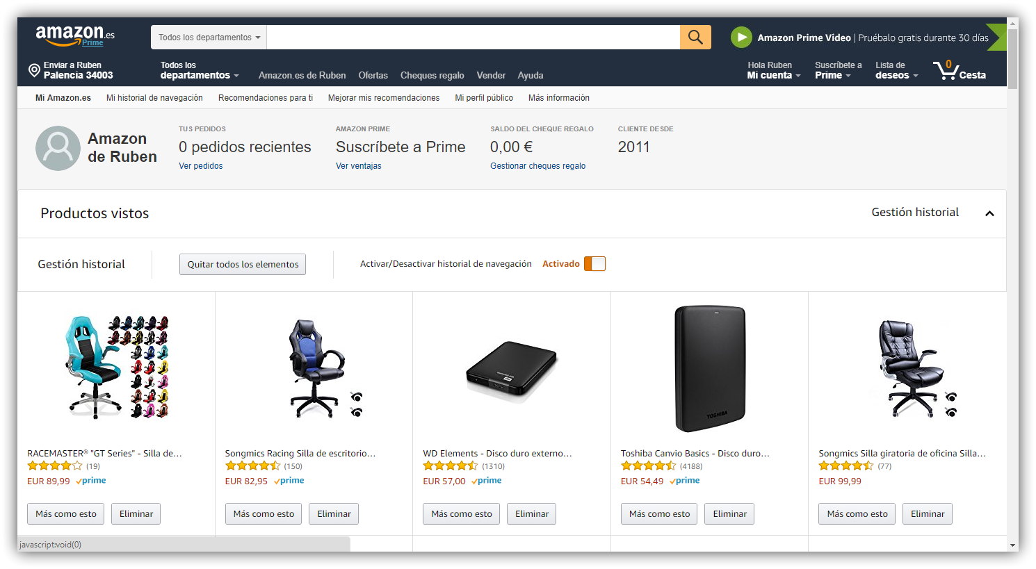 Gestionar historial de búsquedas en Amazon