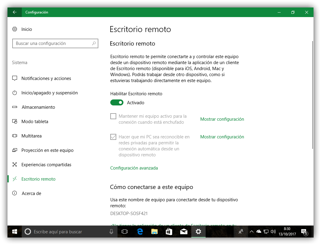 Configurar Escritorio Remoto Windows 10