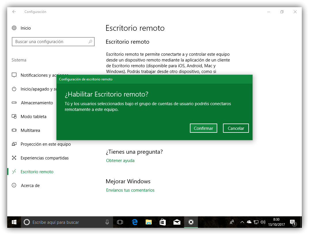 Confirmar activar Escritorio Remoto Windows 10