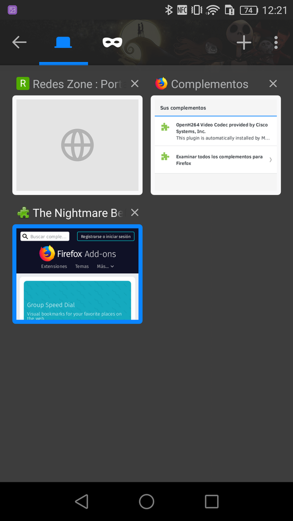 Vista pestañas con tema Firefox Android