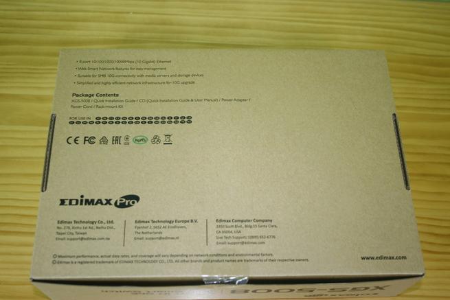 Trasera de la caja del switch 10Gigabit Edimax XGS-5008