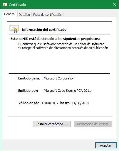 Propiedades archivo Windows 10 - Certificado
