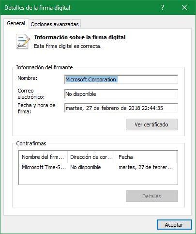 Propiedades archivo Windows 10 - Detalles firma digital 1