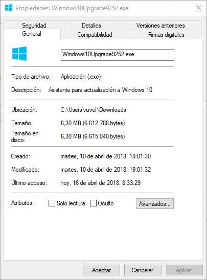 Propiedades archivo Windows 10
