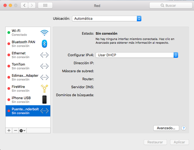 macOS configuración de la conexión Thunderbolt
