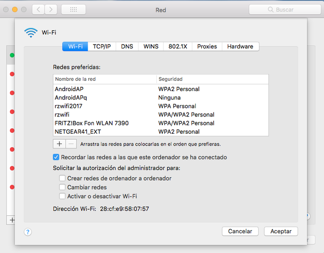 Opciones avanzadas de la interfaz Wi-Fi en macOS