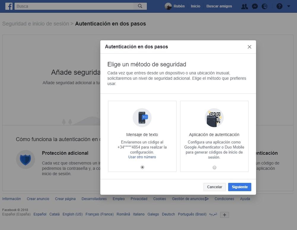 Activar sistema doble autenticacion Facebook