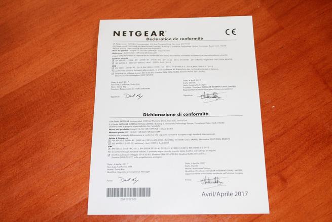 Declaración de conformidad del switch NETGEAR GC110P