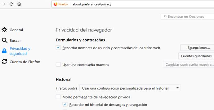 Evitar guardar contraseñas en Firefox
