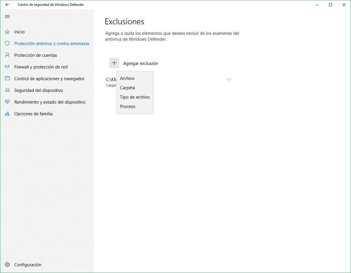 Windows Defender - Añadir exclusiones