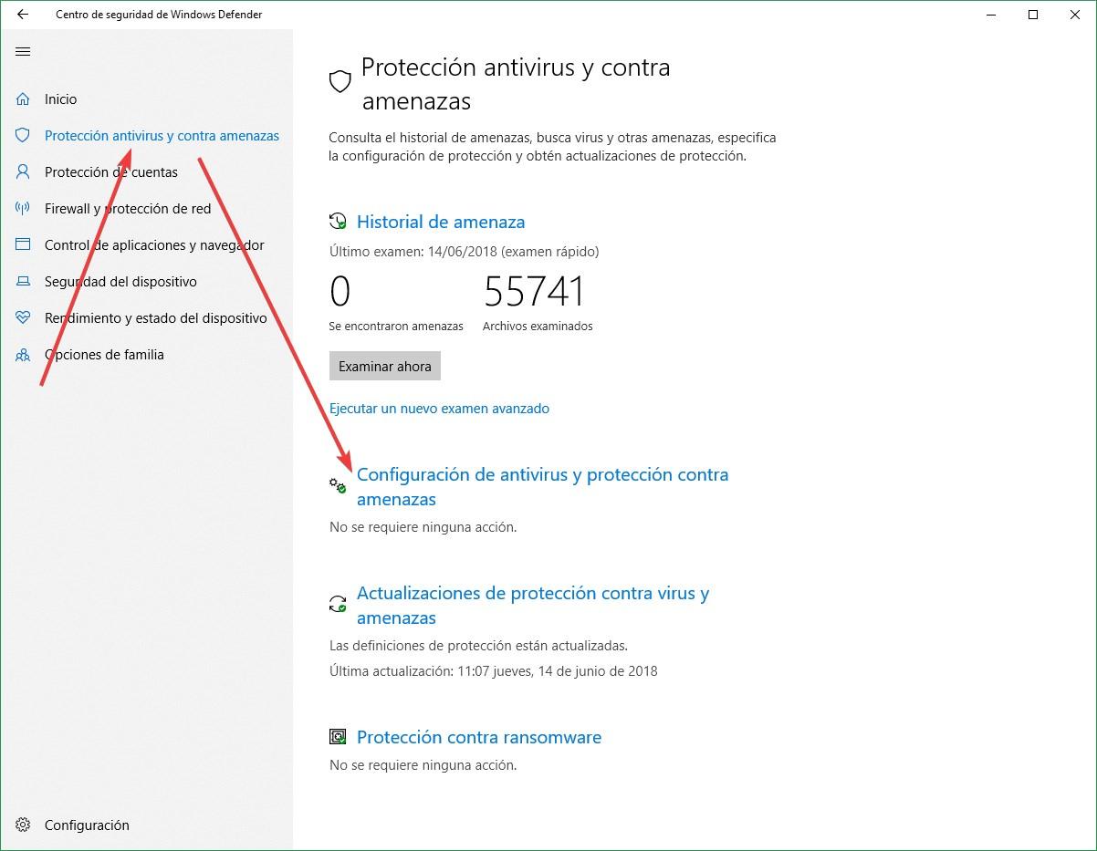 Windows Defender - Abrir configuración antivirus