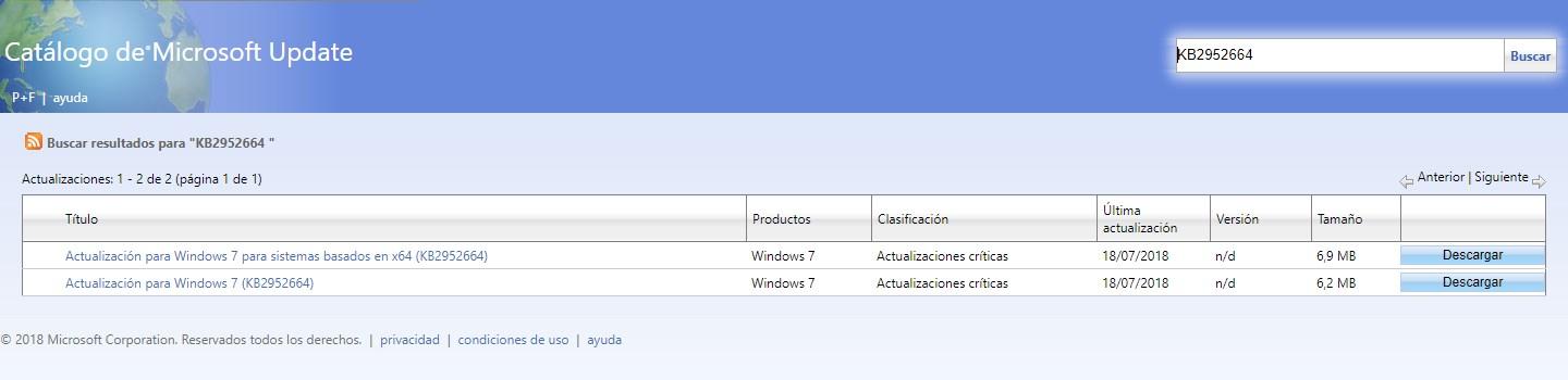Actualización KB2952664 Windows 7
