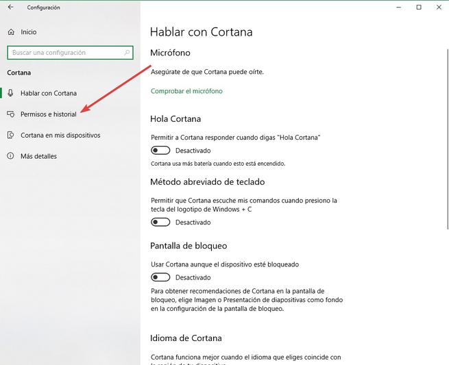 Configuración Cortana - Permisos