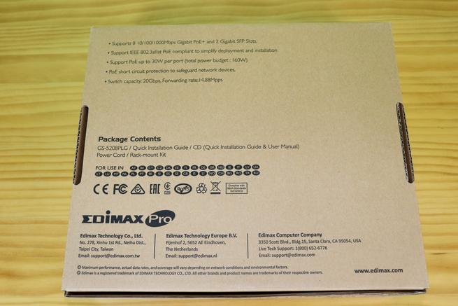 Trasera de la caja del switch gestionable Edimax GS-5208PLG