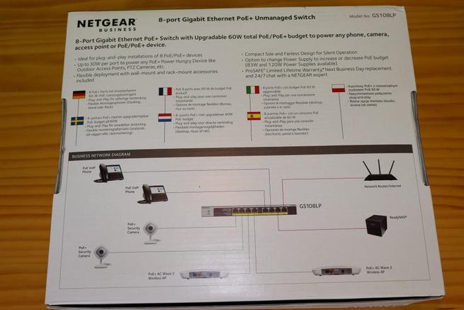 Trasera de la caja del switch NETGEAR GS108LP con todas las características