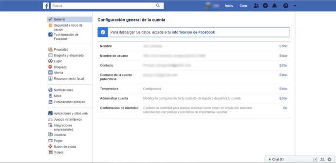 Configuración de Facebook para descargar fotos