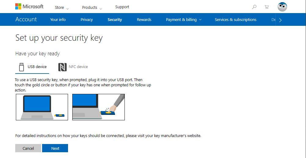 Añadir nueva llave de seguridad a cuenta Microsoft en Windows 10