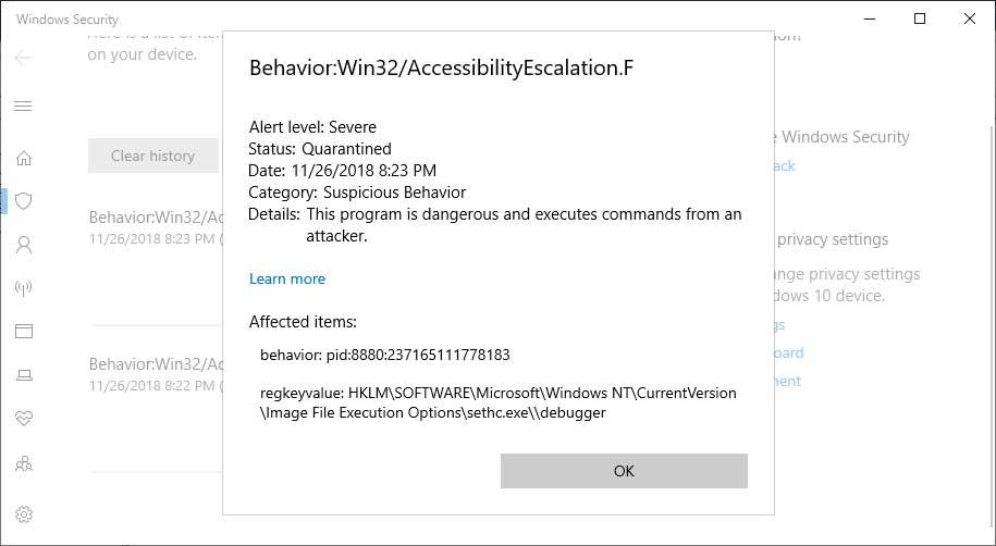 Windows Defender bloquear IFEO accesibilidad
