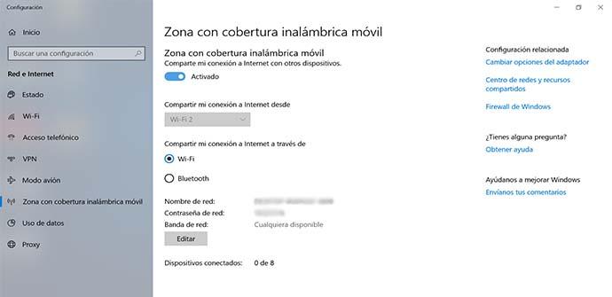 Activar punto de acceso Wi-Fi en Windows 10