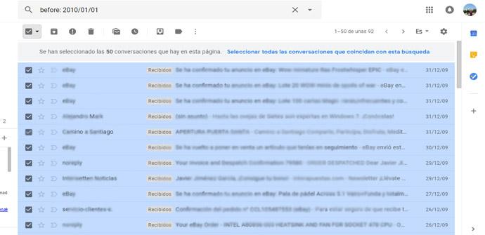 Borrar mensajes por fecha en Gmail