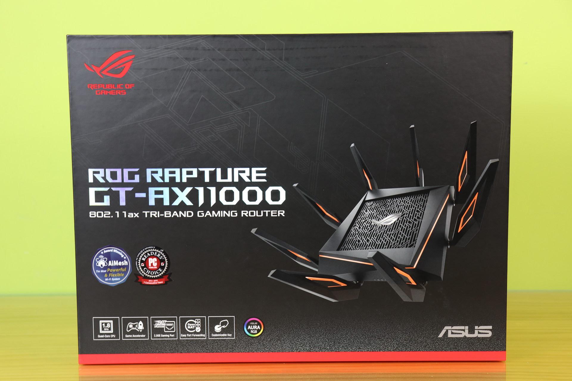 Frontal de la caja del router gaming ASUS ROG Rapture GT-AX11000 en detalle