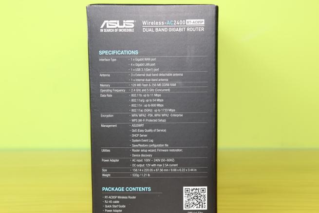 Lateral izquierda de la caja del router ASUS RT-AC85P con las especificaciones técnicas