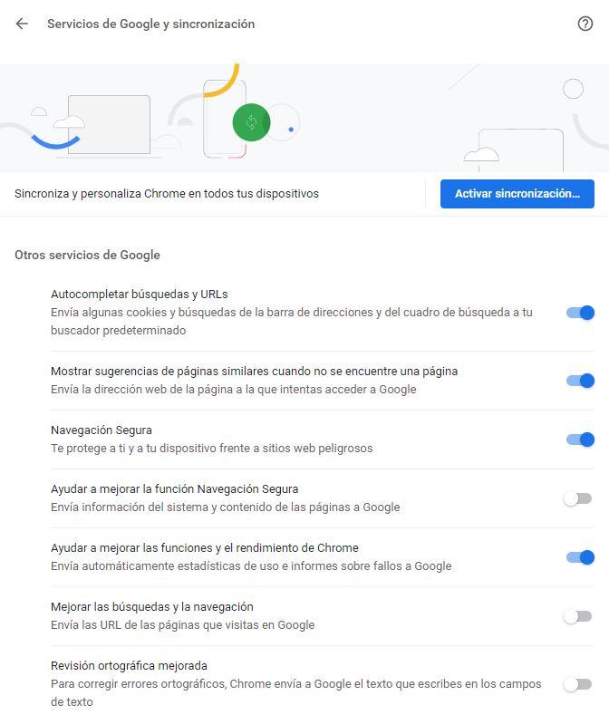 Servicios de Google y sincronización Google Chrome 73