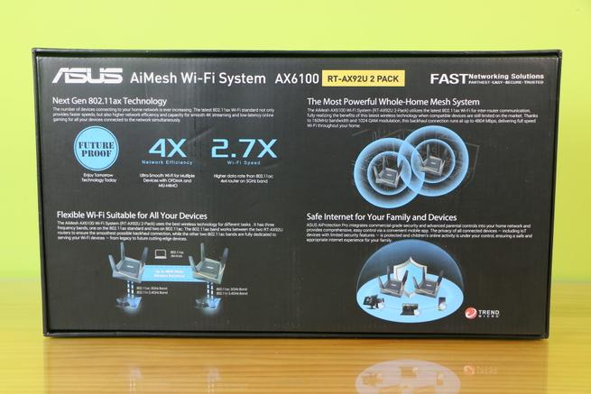 Trasera de la caja del sistema Wi-Fi AiMesh ASUS RT-AX92U
