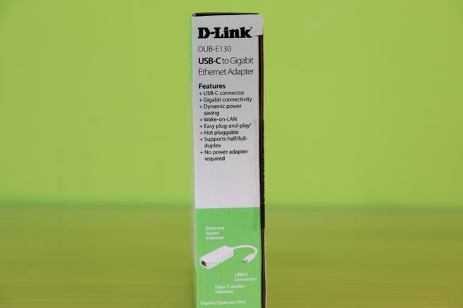 Lateral derecho de la caja del adaptador USB 3.0 tipo C a Gigabit Ethernet D-Link DUB-E130