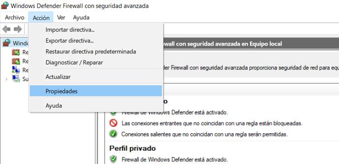 Propiedades de Windows Defender Firewall