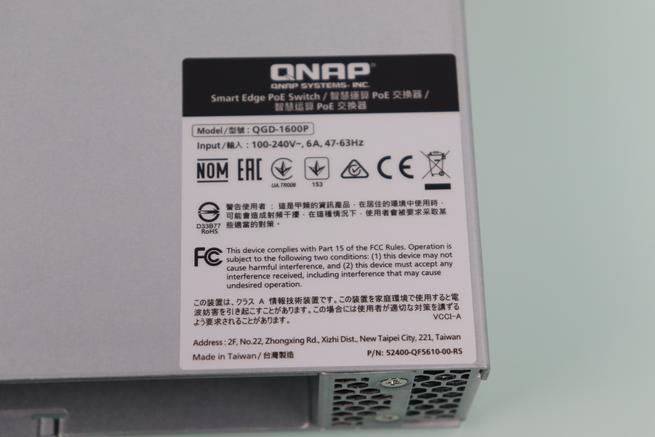 Características eléctricas de entrada del switch gestionable QNAP Guardian QGD-1600P